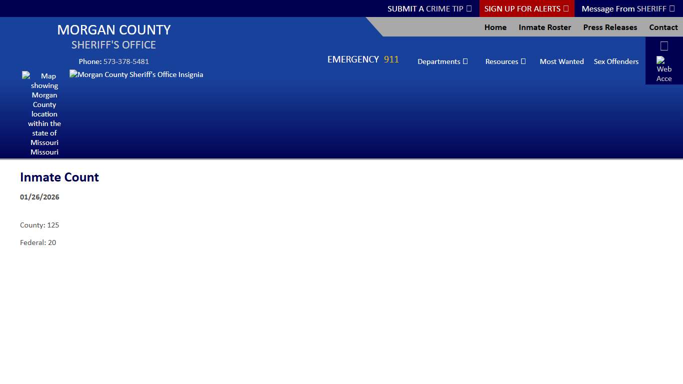 Inmate Count (01/26/2026) - Press Releases - Morgan County Sheriff MO