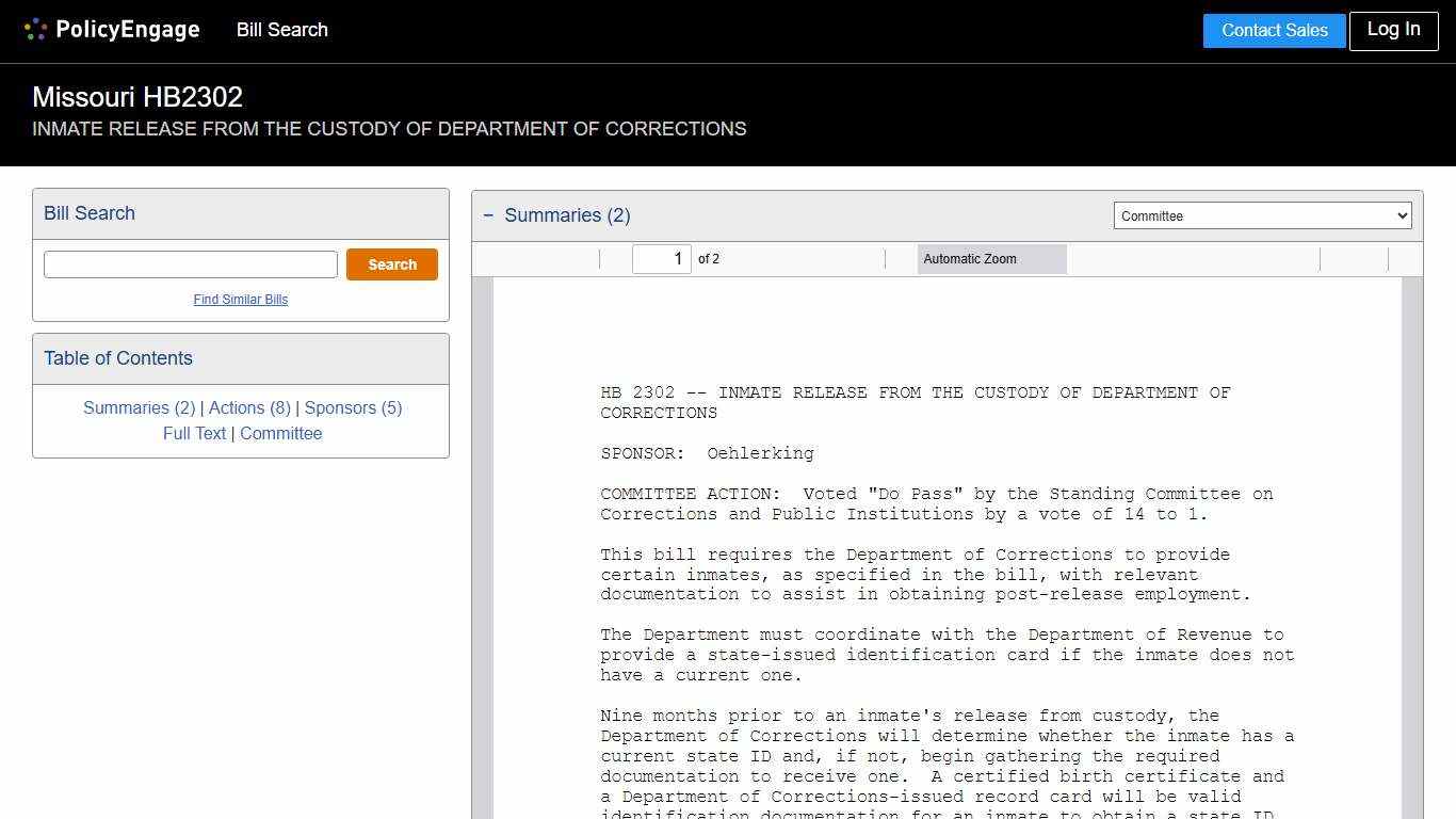 HB2302 Missouri 2026 INMATE RELEASE FROM THE CUSTODY OF DEPARTMENT OF CORRECTIONS - Legislative Tracking PolicyEngage