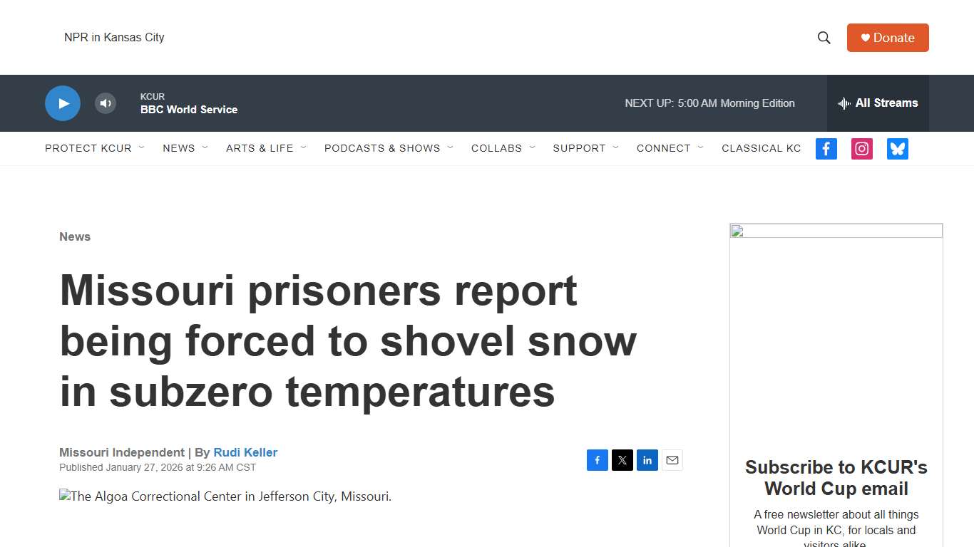 Missouri prisoners report being forced to shovel snow in subzero temperatures KCUR - Kansas City news and NPR